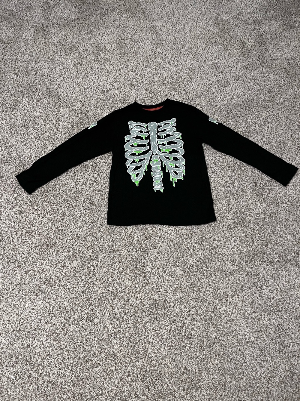 Kids Black Long-Sleeve Skeleton Graphic Tee - Glow Green Accent